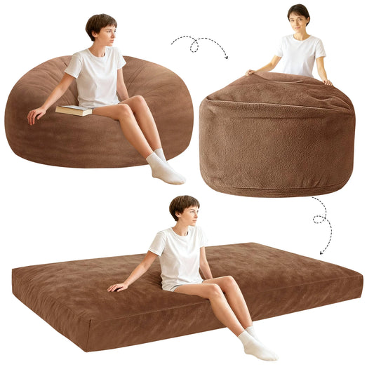 3-in-1 Adult Single Bean Bag Chair Bed, Memory Foam Convertible Lounger, Folds to Floor Mattress, Soft Washable Faux Fur Cover