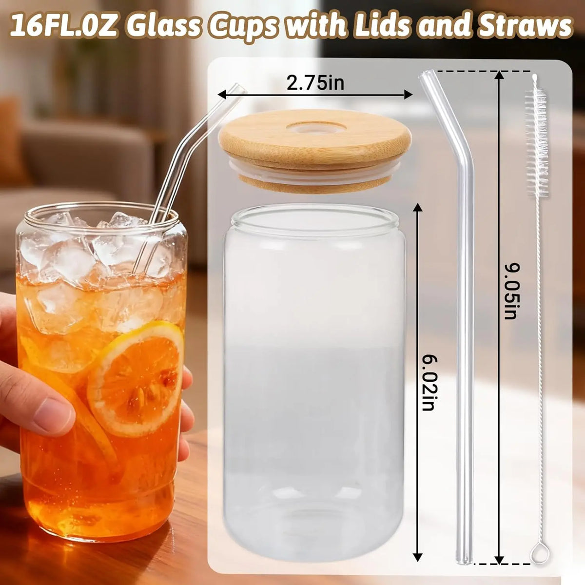 Tyrixma Drinking Glasses with Glass Straw 8pcs Set - 16oz Highball Glass Cups, Beer Glasses, Iced Coffee Glasses, Cute Tumbler Cup, Ideal for Whiskey, Soda, Tea, Water, Gift, 2 Brushes.