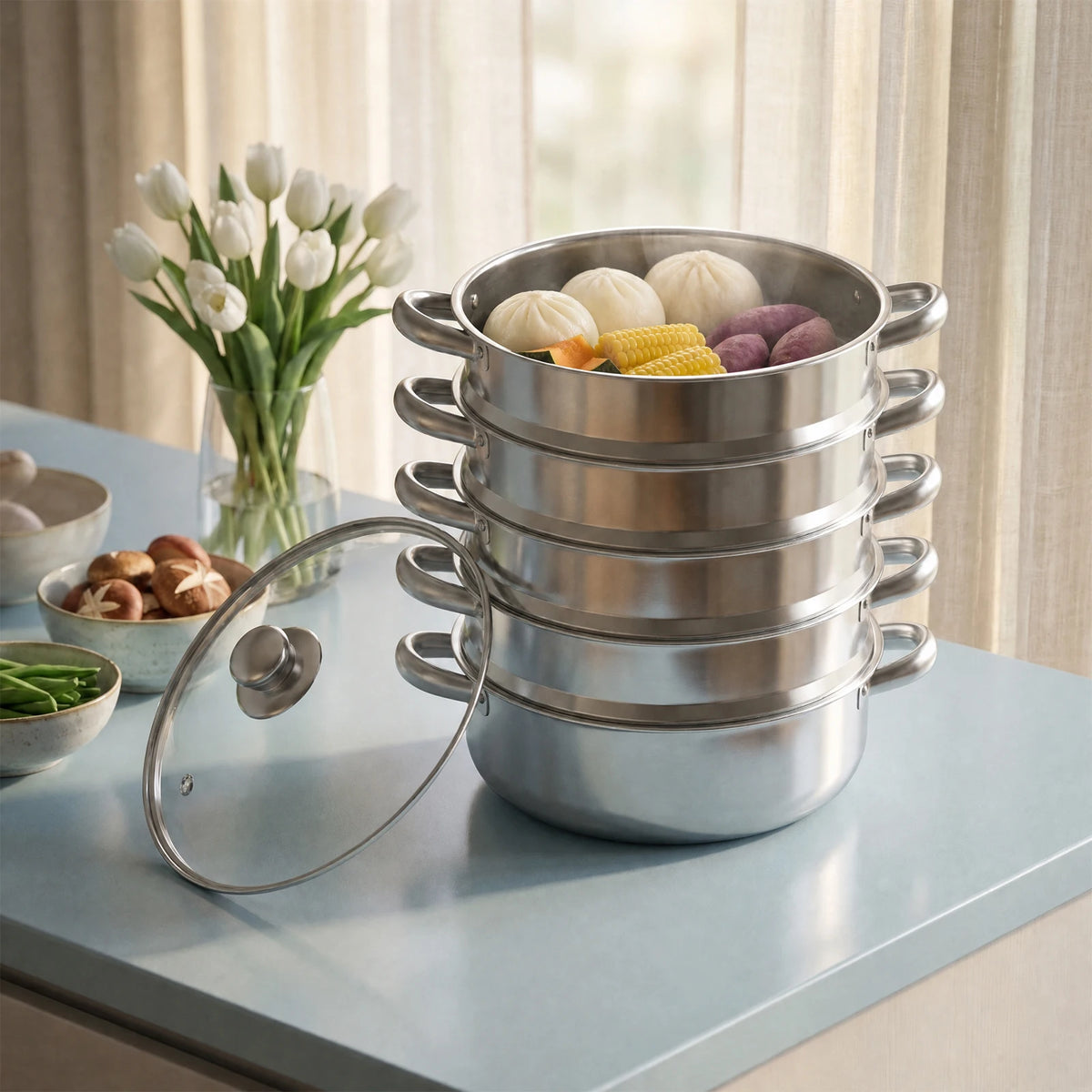5-Tier Stainless Steel Steamer Multifunctional Steamer, 30cm High-Quality Steamer for Domestic or Commercial for Healthy Cooking