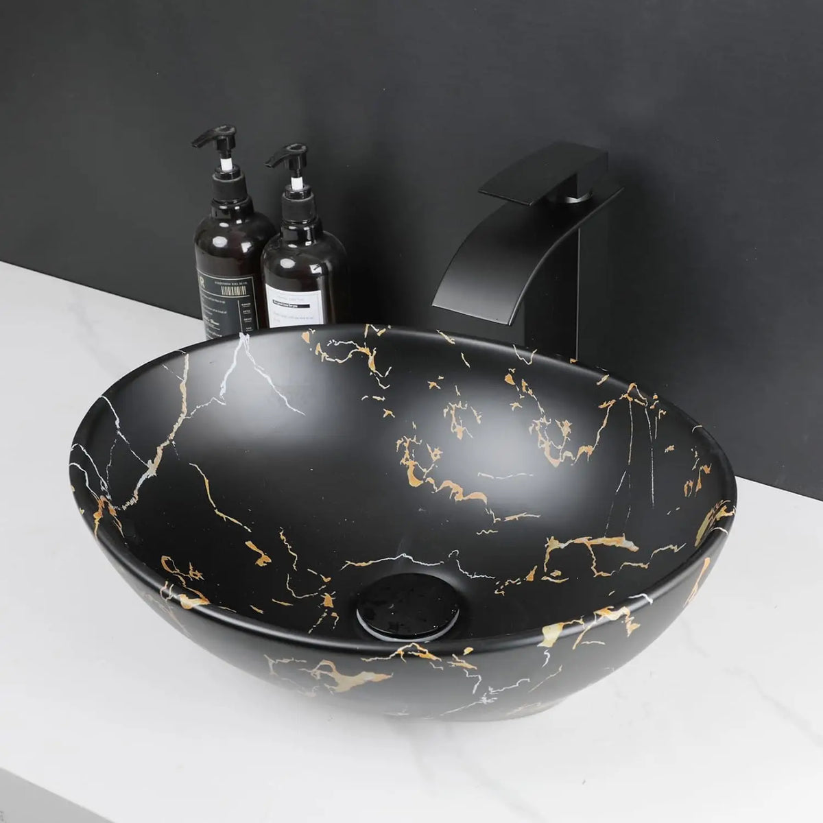 KEMAIDI Oval Vessel Sink with Faucet White Marbling Bathroom Vessel Sinks Above Counter  Ceramic Vessel Sinks for Bathroom Mixer