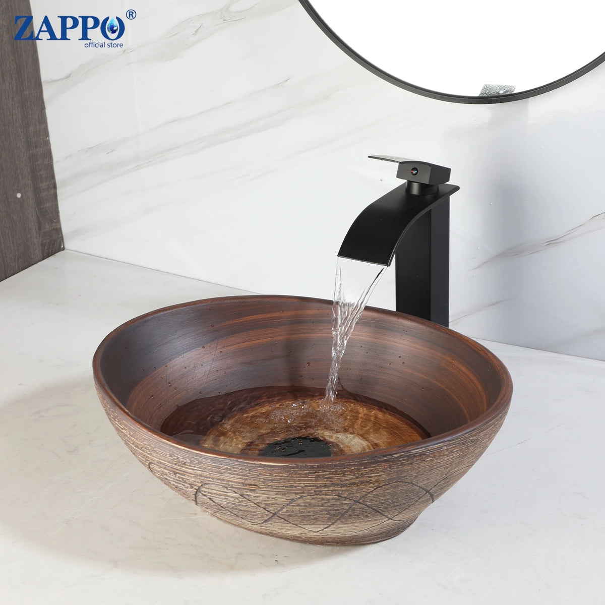 ZAPPO Marbling Rectangle Vessel Sink with Faucet Drain Ceramic Vessel Sinks Oval Bathroom Sink Bowl Above Counter with Mixer Tap