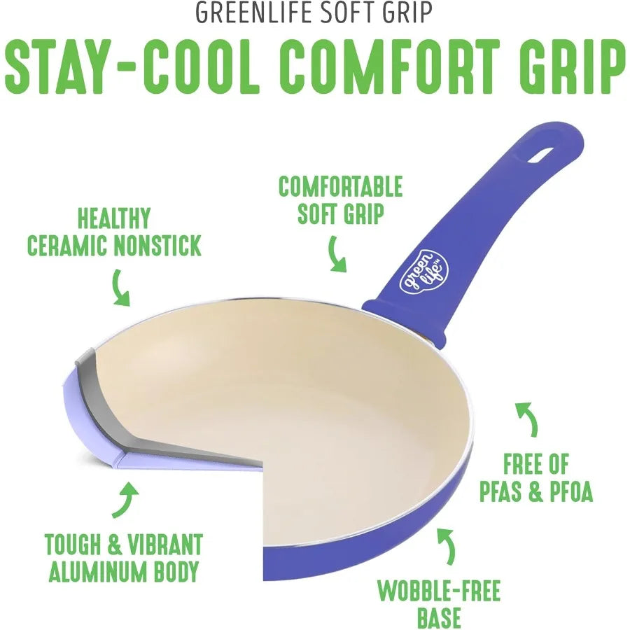 Soft Grip 16 Piece Healthy Ceramic Nonstick Cookware Set Pots and Pans Set 6Quart Slow Cooker PFAS and PFOAFree Dishwasher Safe