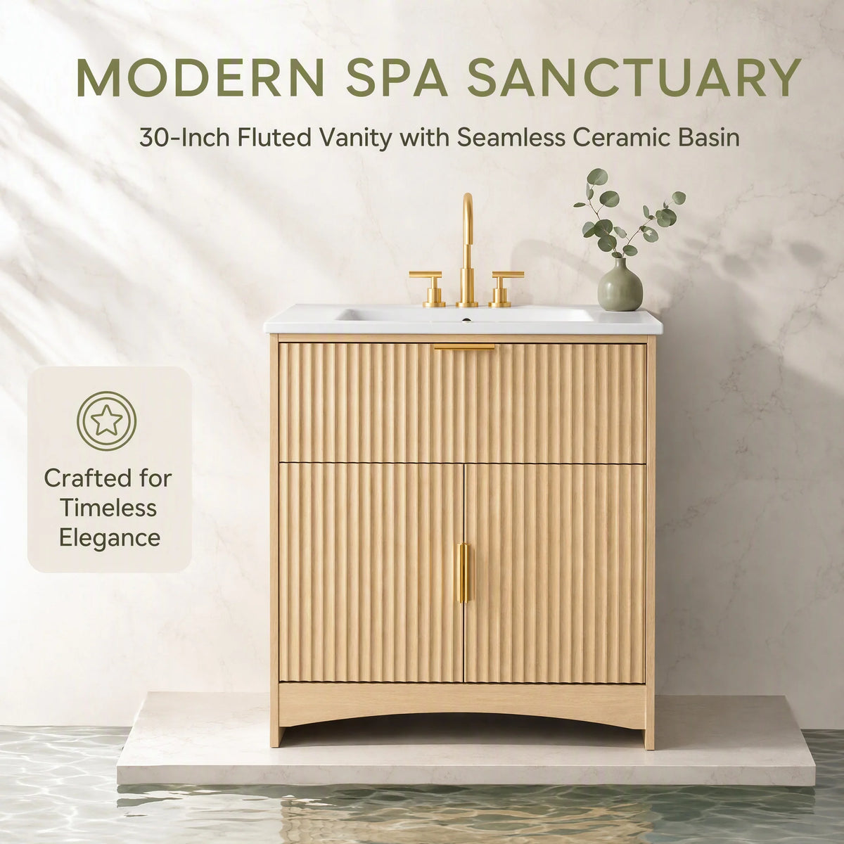 30 Inch Fluted Bathroom Vanity with Ceramic Sink, U‑Shaped Drawer & Adjustable U‑Shaped Shelf, CARB‑Certified Bathroom Storage Cabinet