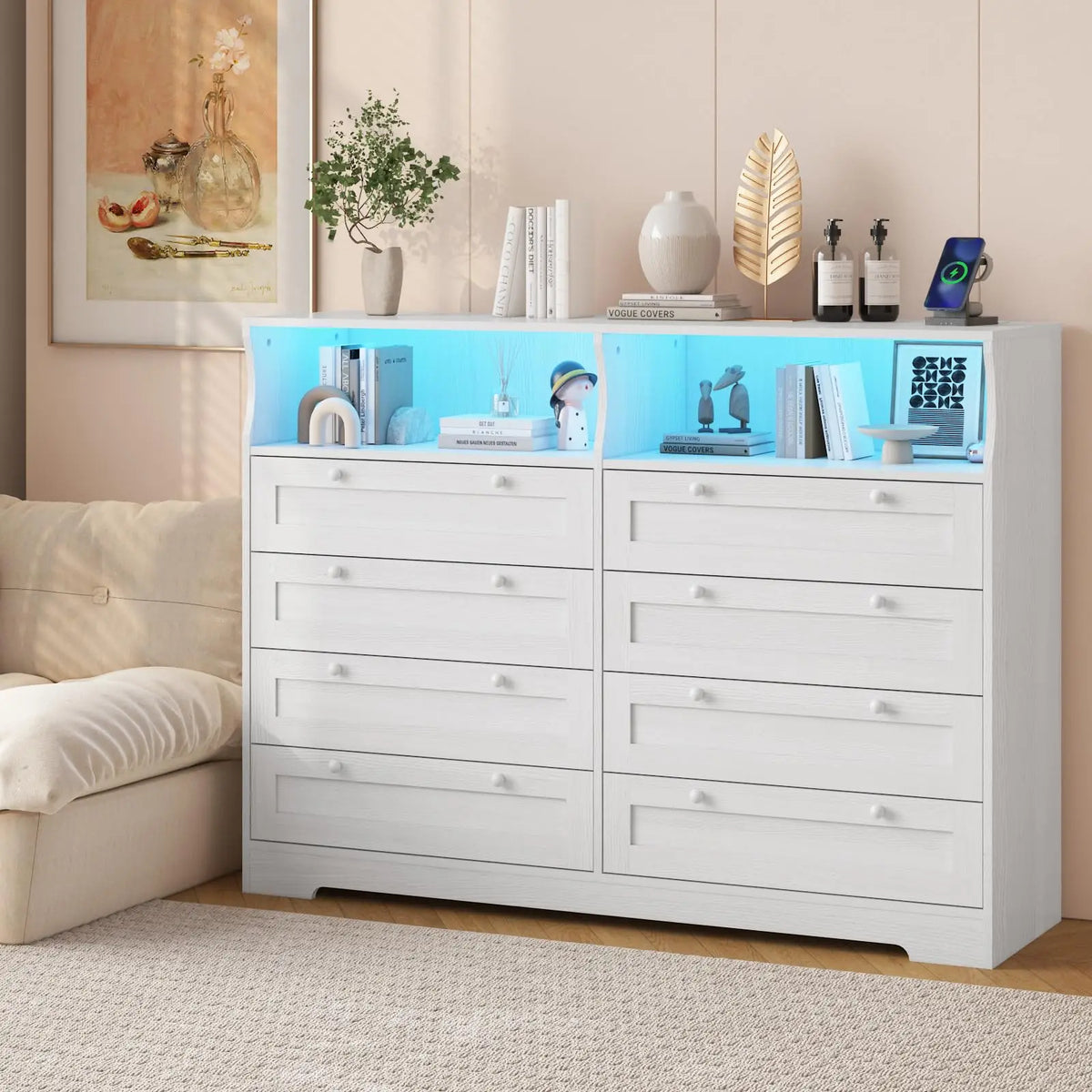 8 Drawer White Wood Dresser With LED Lights, Charging Station & Open Shelves, TV Stand For Bedroom, Living Room, Entryway