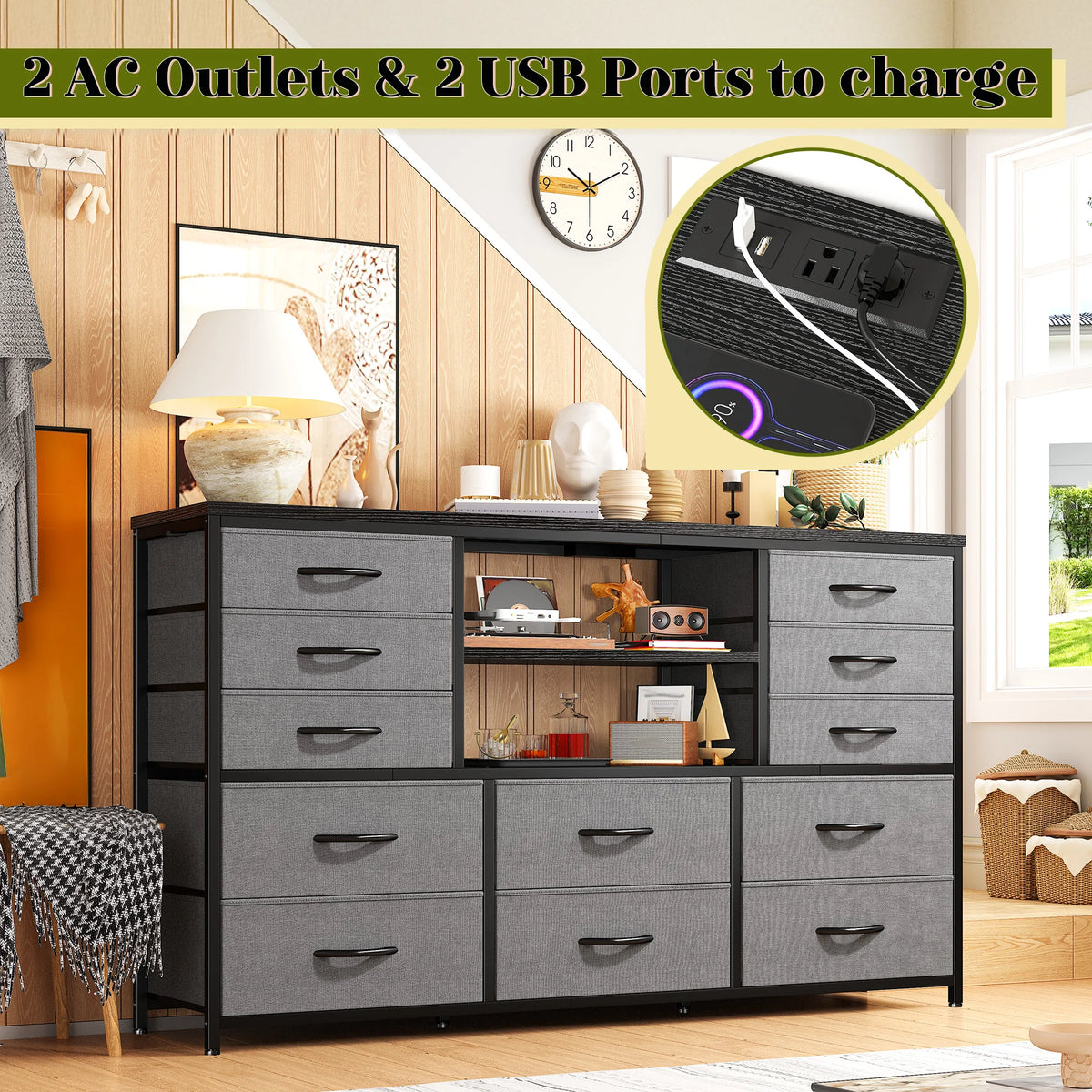 Dresser for Bedroom with LED Lights & Charging Station 12 Drawers TV Stand for 55-60 Inch TVs, Deep Fabric Storage Cabinet with 3 Wooden Shelves for Entertainment Center