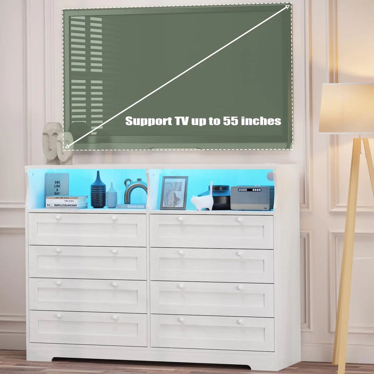 8 Drawer White Wood Dresser With LED Lights, Charging Station & Open Shelves, TV Stand For Bedroom, Living Room, Entryway