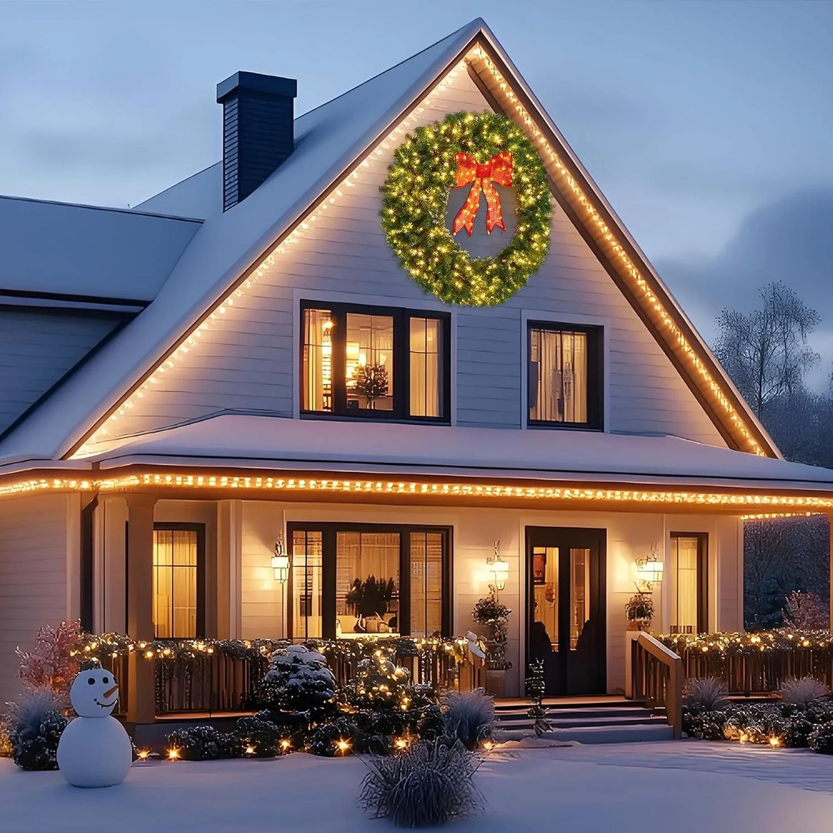 Pre Lit Artificial Christmas Wreath 48 Inch or 60 Inch with Warm White LED Lights Illuminated Red Bow Full PVC Branches Weather Resistant Front Door Wall Window Indoor Outdoor Holiday Decor