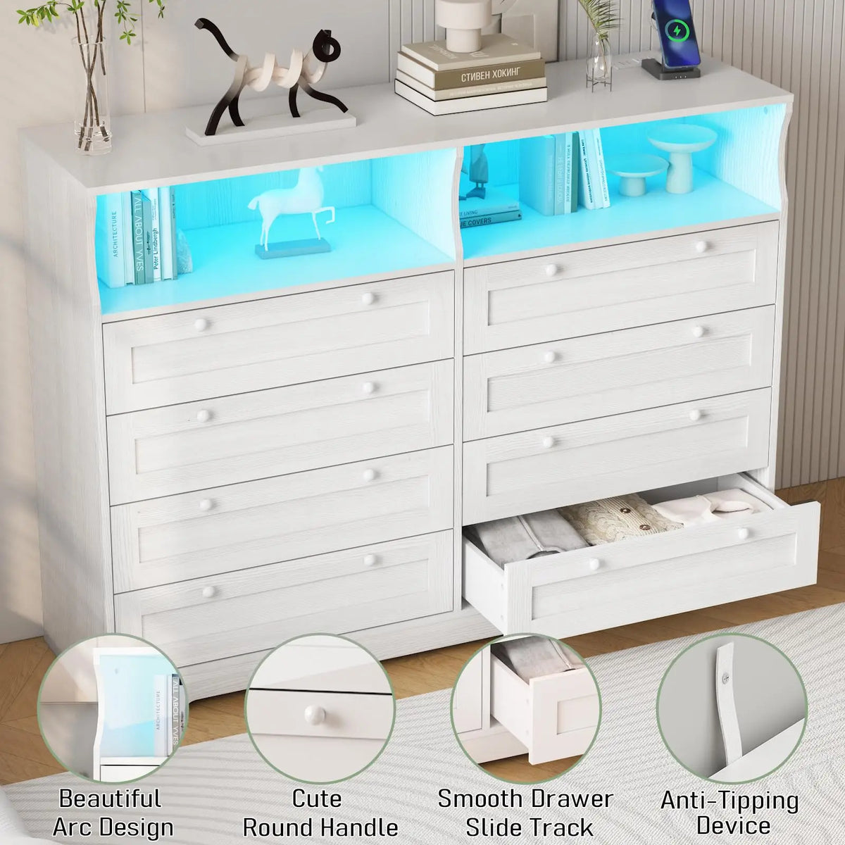 8 Drawer White Wood Dresser With LED Lights, Charging Station & Open Shelves, TV Stand For Bedroom, Living Room, Entryway