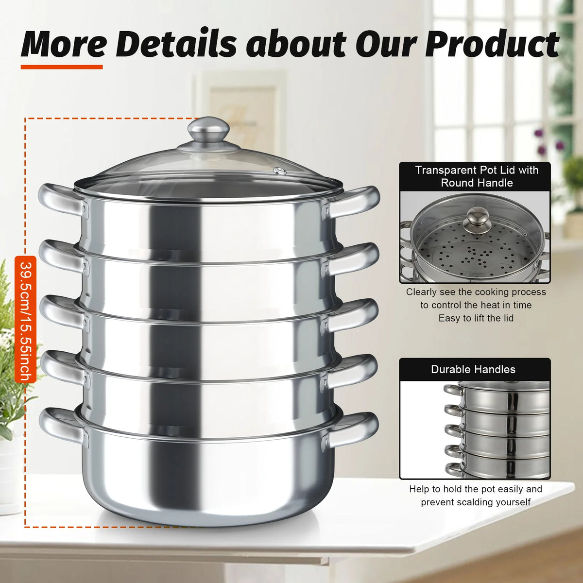 5-Tier Stainless Steel Steamer Multifunctional Steamer, 30cm High-Quality Steamer for Domestic or Commercial for Healthy Cooking