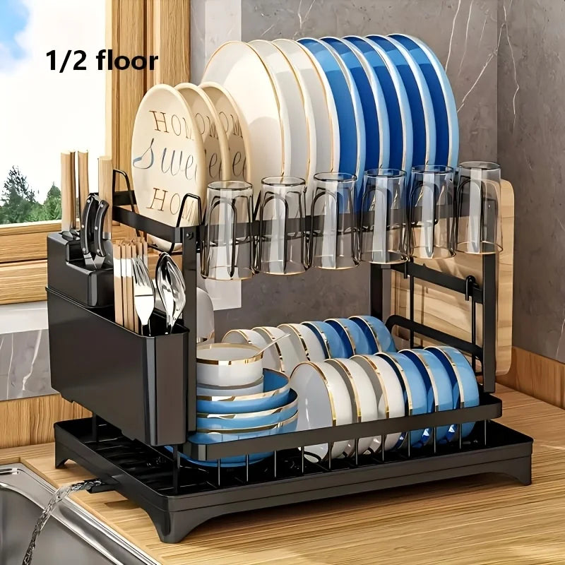 2 Tier And 1 Tier Dish Drying Rack for Kitchen Counter, Dish Drainers for Kitchen Counter with Drainboard, Metal Kitchen Dish Rack with Drain, Kitchen Drying Rack Two Tier, Black Dish Racks, Spoons And Fork