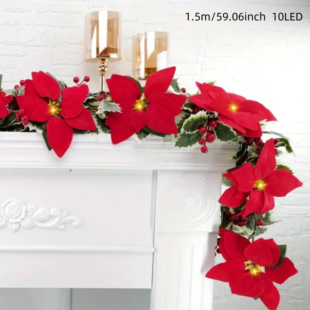 1pc Red Poinsettia Floral String Lights Durable Plastic Holiday Lights Battery Powered Garland For Home Indoor Outdoor Decor