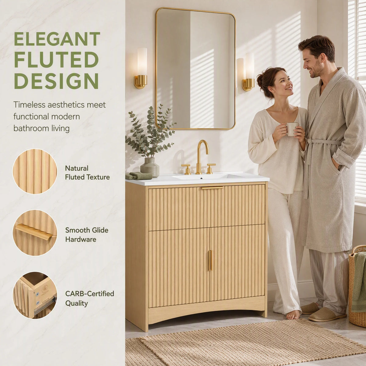 30 Inch Fluted Bathroom Vanity with Ceramic Sink, U‑Shaped Drawer & Adjustable U‑Shaped Shelf, CARB‑Certified Bathroom Storage Cabinet
