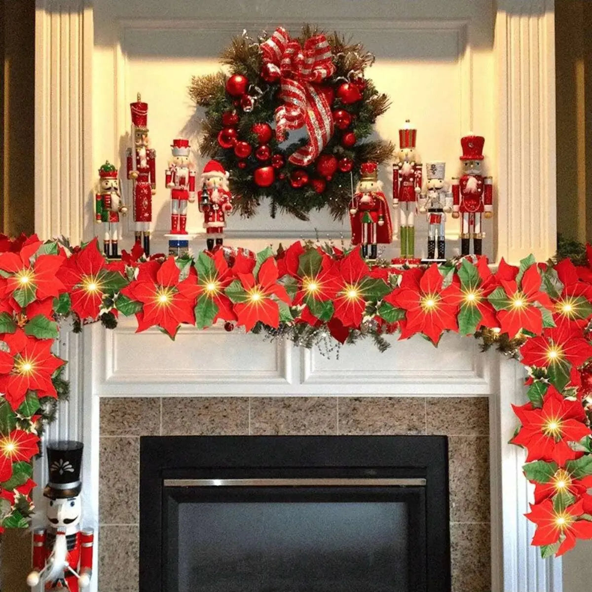 1pc Red Poinsettia Floral String Lights Durable Plastic Holiday Lights Battery Powered Garland For Home Indoor Outdoor Decor