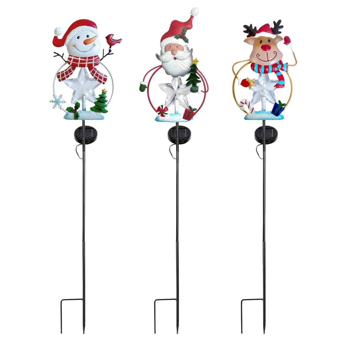 Christmas Stake Decor, Outdoor Garden Solar Light Metal Snowman/Santa Claus/Reindeer Yard Stakes with Lights, Outdoor Solar Christmas, Snowman, Deer, and Lawn Decoration Lights, Christmas Lights for Home Lawn Pathway Holiday