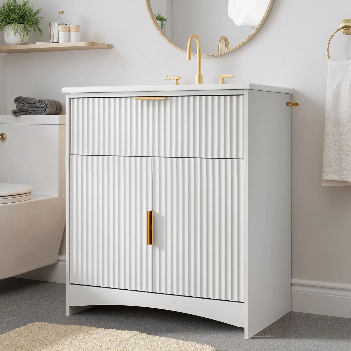 30 Inch Fluted Bathroom Vanity with Ceramic Sink, U‑Shaped Drawer & Adjustable U‑Shaped Shelf, CARB‑Certified Bathroom Storage Cabinet