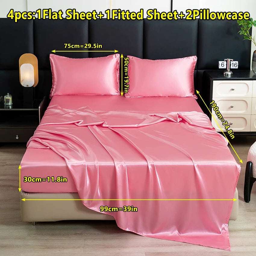 【Mother's Day Gift】4-Piece Set of Solid Color Satin Bed Sheet Set (1 Flat Sheet + 1 Fitted Sheet + 2 Pillowcases), Luxurious and Soft, with a Natural Luster, Skin-Friendly and Breathable Bedding