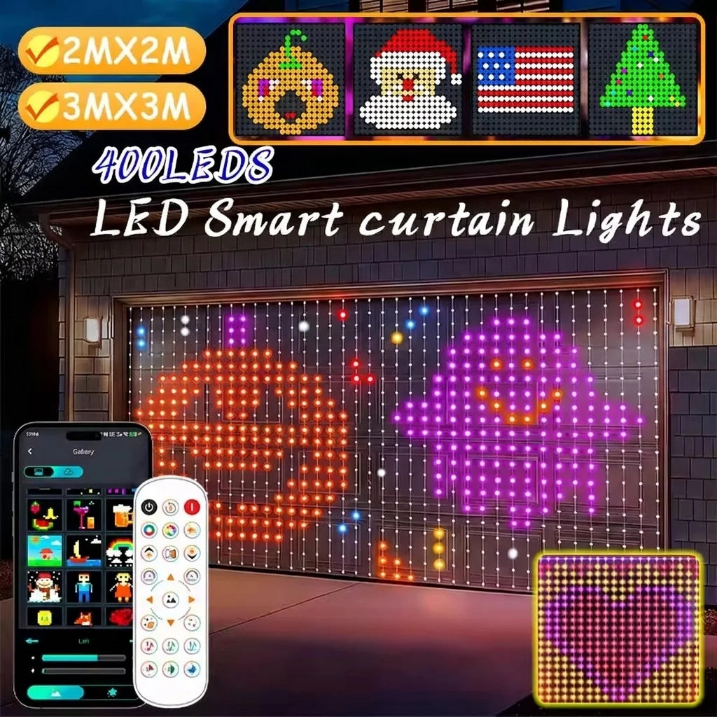 400LED Smart Curtain Lights APP Remote Control Custom Pattern DIY Window String Lights For Christmas Holiday Party Home Decor 2x2M/3x3M