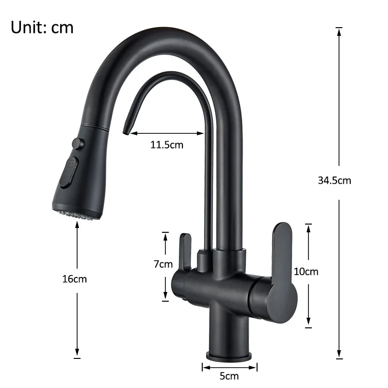 Black and Golden Filtered Crane For Kitchen Pull Out Sprayer  drinking water Three Ways Water Filter Tap Kitchen Faucet hot cold