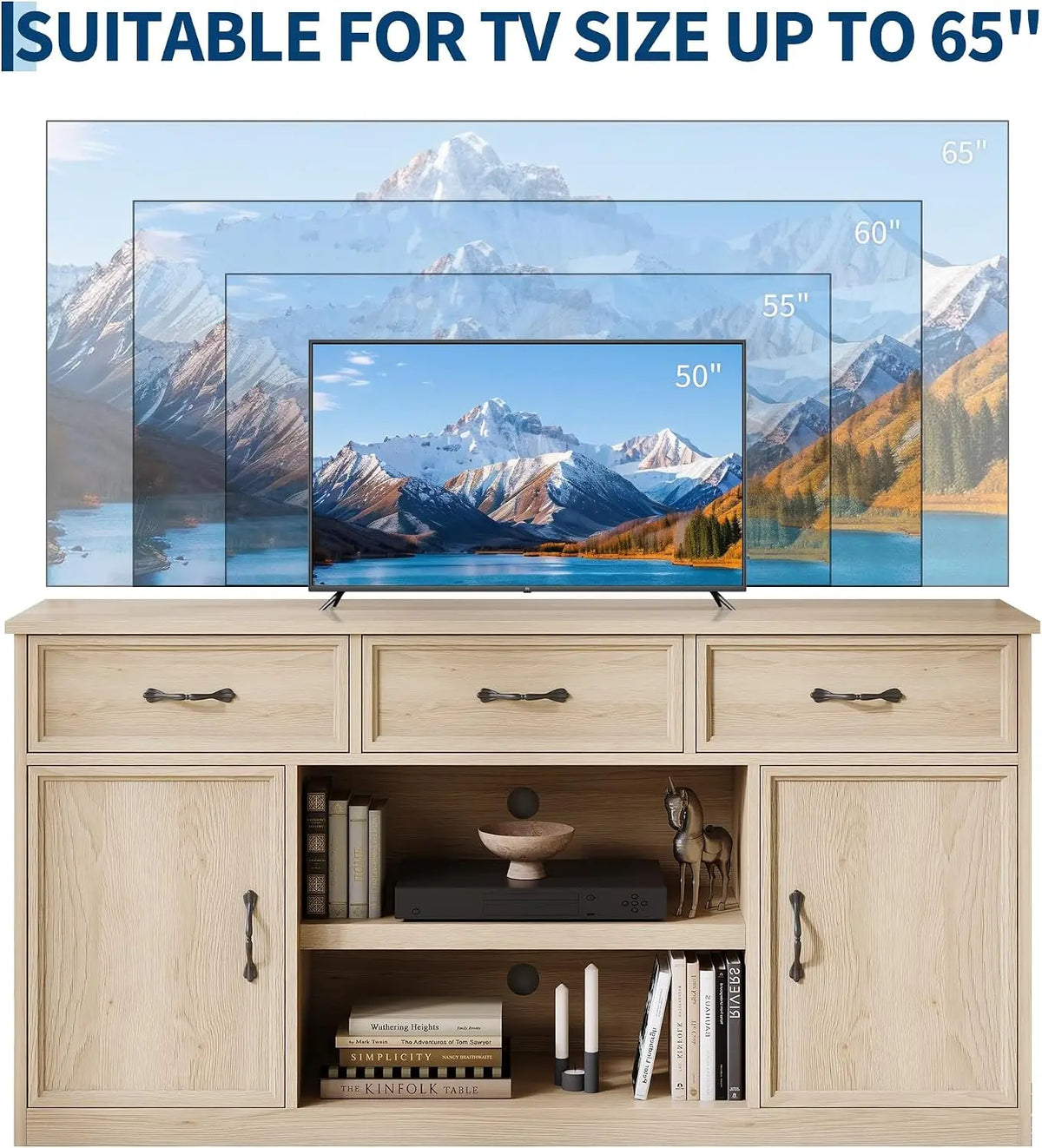 TV Stand For 65 Inch TV Farmhouse Television Cabinet With 3 Drawers 2 Doors Adjustable Shelves Storage And Open Shelves Wooden TV Console Media Cabinet