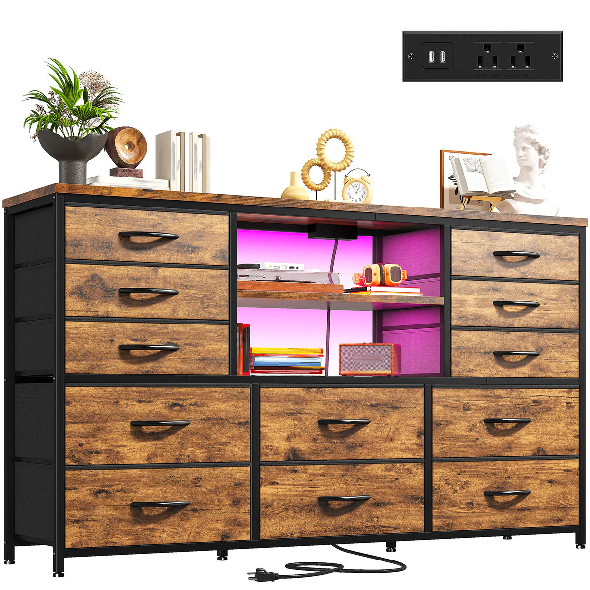 Dresser for Bedroom with LED Lights & Charging Station 12 Drawers TV Stand for 55-60 Inch TVs, Deep Fabric Storage Cabinet with 3 Wooden Shelves for Entertainment Center