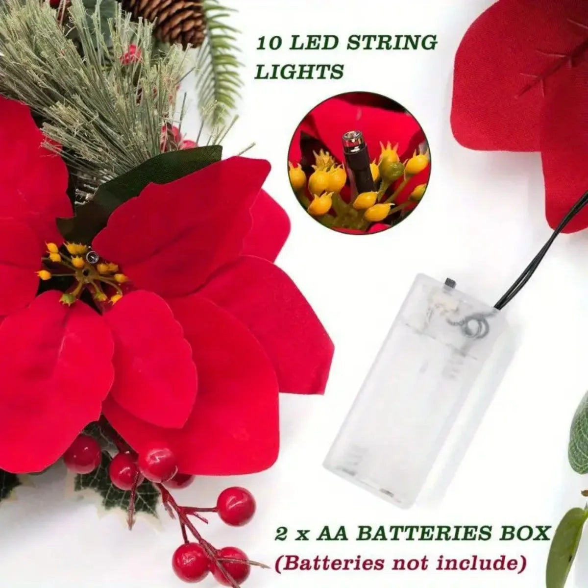 1pc Red Poinsettia Floral String Lights Durable Plastic Holiday Lights Battery Powered Garland For Home Indoor Outdoor Decor