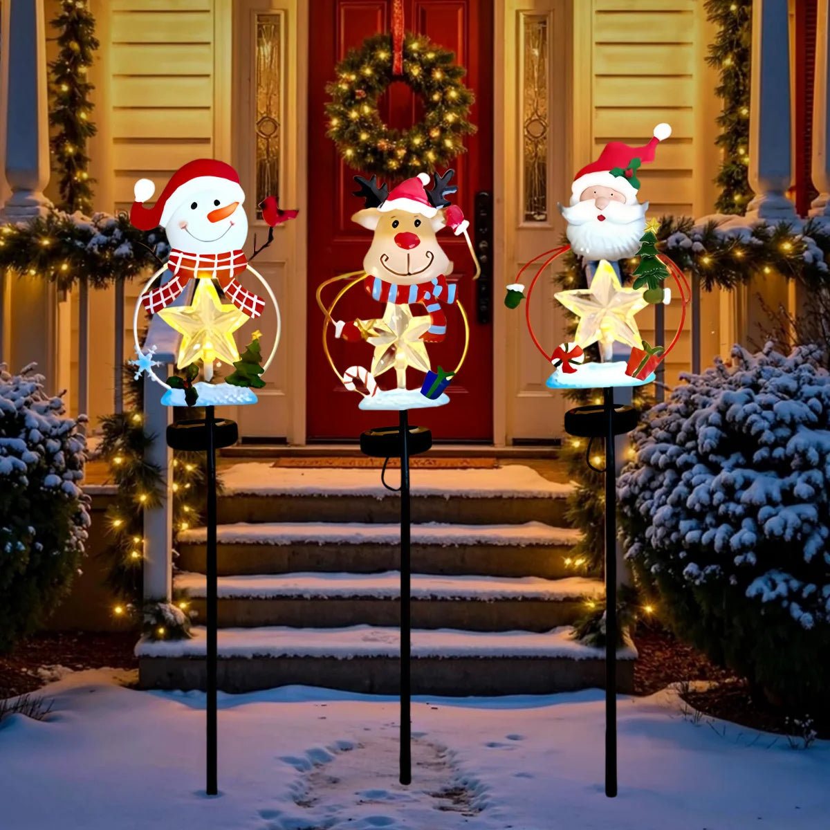 Christmas Stake Decor, Outdoor Garden Solar Light Metal Snowman/Santa Claus/Reindeer Yard Stakes with Lights, Outdoor Solar Christmas, Snowman, Deer, and Lawn Decoration Lights, Christmas Lights for Home Lawn Pathway Holiday