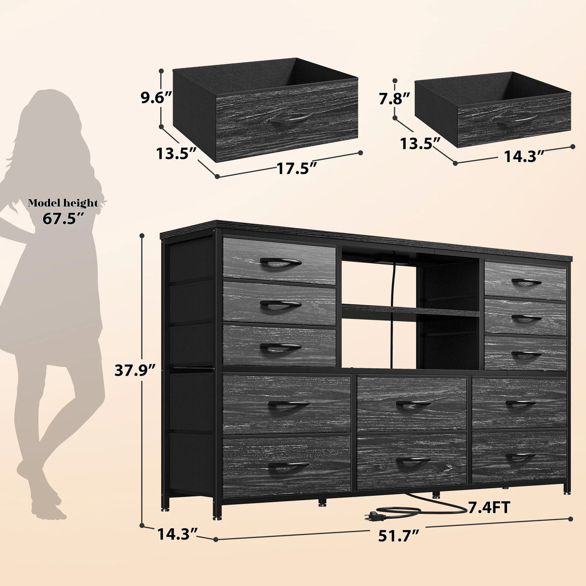 Dresser for Bedroom with LED Lights & Charging Station 12 Drawers TV Stand for 55-60 Inch TVs, Deep Fabric Storage Cabinet with 3 Wooden Shelves for Entertainment Center