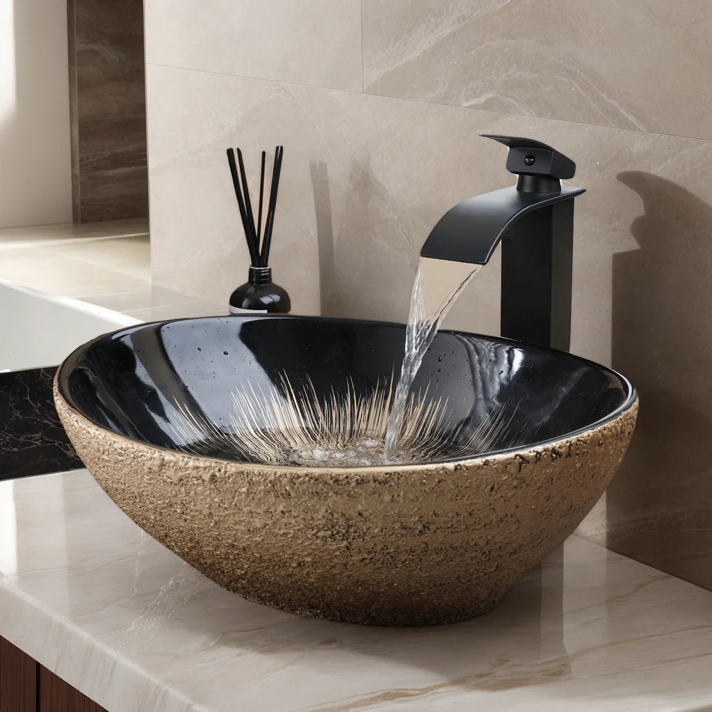 KEMAIDI Oval Vessel Sink with Faucet White Marbling Bathroom Vessel Sinks Above Counter  Ceramic Vessel Sinks for Bathroom Mixer