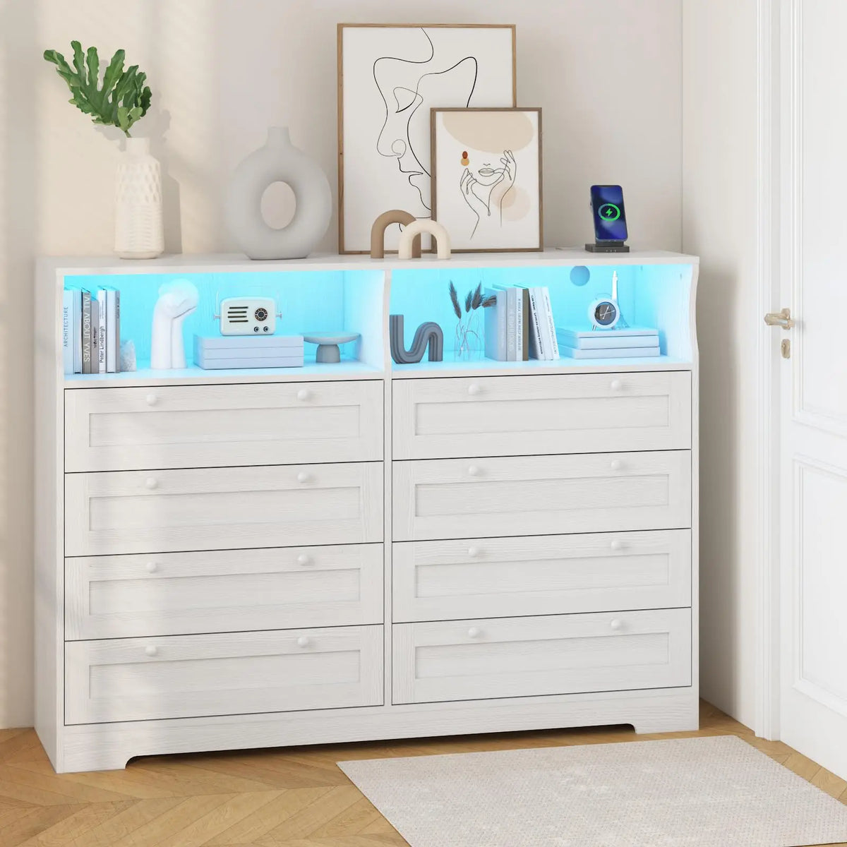 8 Drawer White Wood Dresser With LED Lights, Charging Station & Open Shelves, TV Stand For Bedroom, Living Room, Entryway