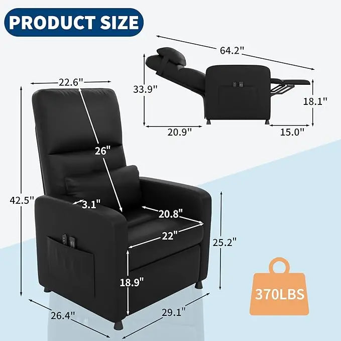 Power Recliner Electric Adjustable Recliner with Massage and Heat, Single-Seat Sofa, 2 Side Pockets and USB Port for Home