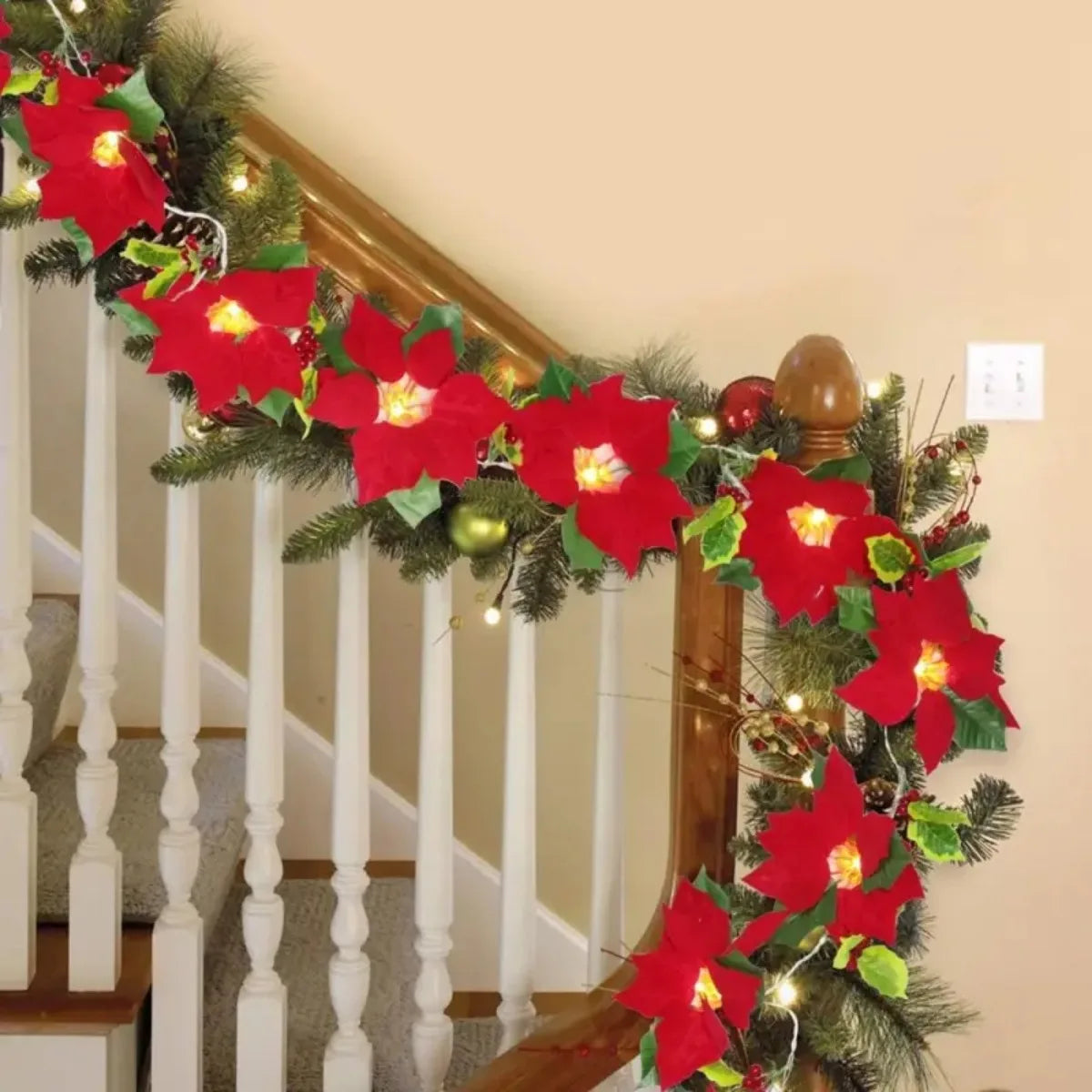 1pc Red Poinsettia Floral String Lights Durable Plastic Holiday Lights Battery Powered Garland For Home Indoor Outdoor Decor
