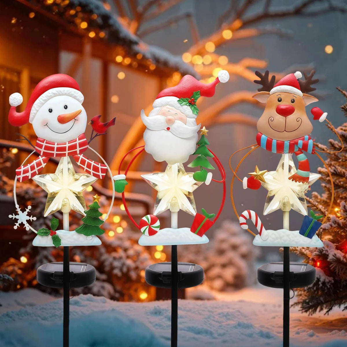 Christmas Stake Decor, Outdoor Garden Solar Light Metal Snowman/Santa Claus/Reindeer Yard Stakes with Lights, Outdoor Solar Christmas, Snowman, Deer, and Lawn Decoration Lights, Christmas Lights for Home Lawn Pathway Holiday