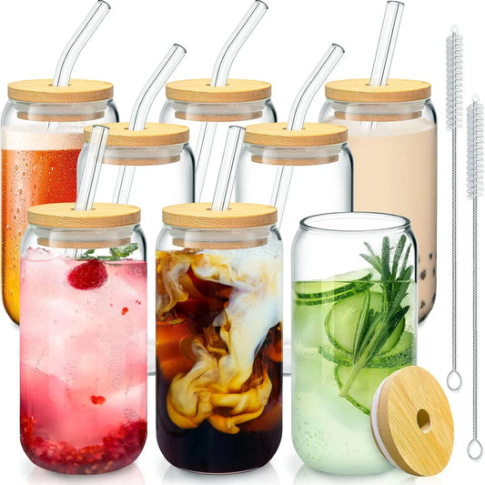 Tyrixma Drinking Glasses with Glass Straw 8pcs Set - 16oz Highball Glass Cups, Beer Glasses, Iced Coffee Glasses, Cute Tumbler Cup, Ideal for Whiskey, Soda, Tea, Water, Gift, 2 Brushes.