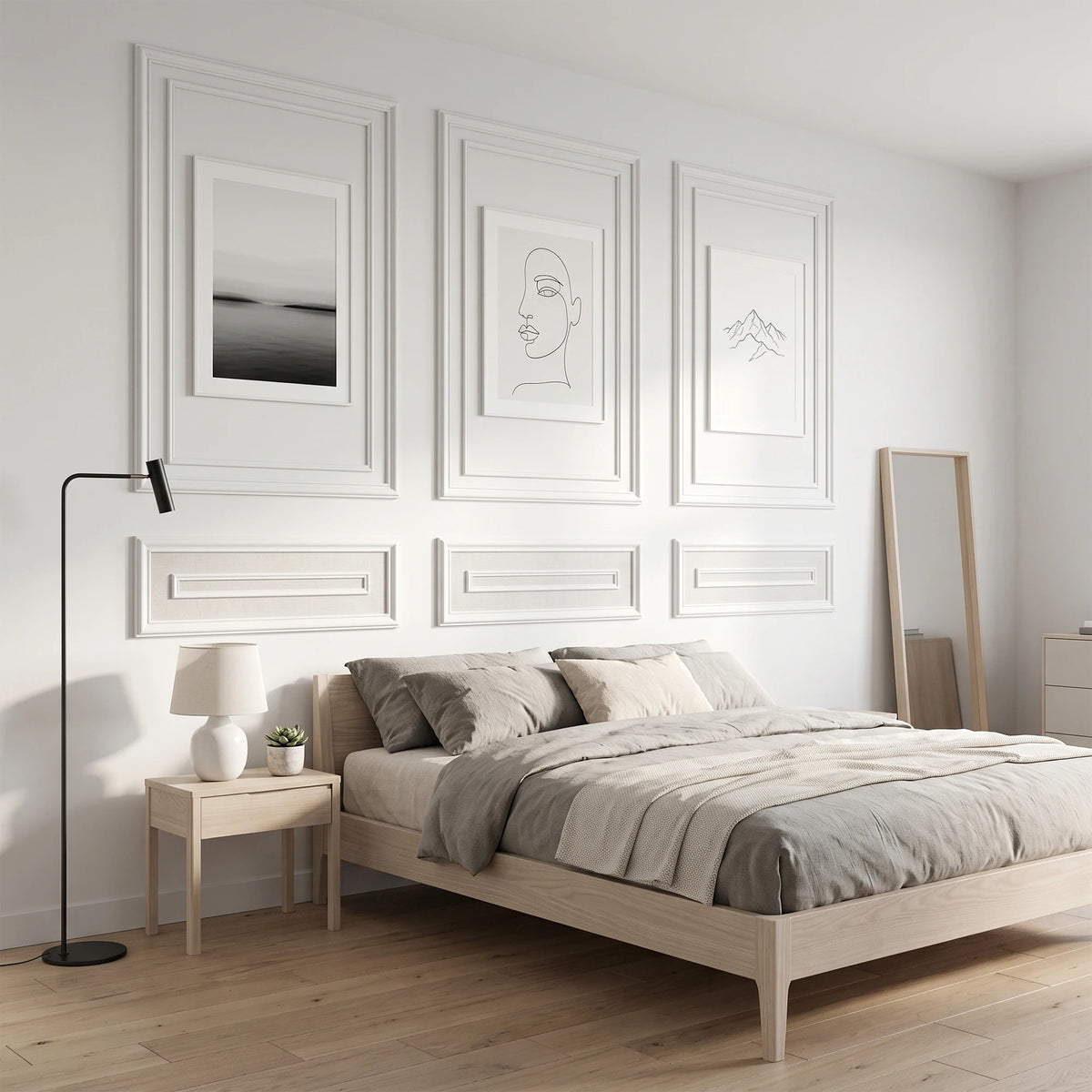 Wall Molding Kit Inner and Outer Layer Double Frame Style 3 Sets Pre-Cut Wainscoting Panels, Peel and Stick Self-Adhesive Accent Wall Trim, Ready-to-Assemble Wall Decor for Living Room Bedroom Office Apartment Dorm
