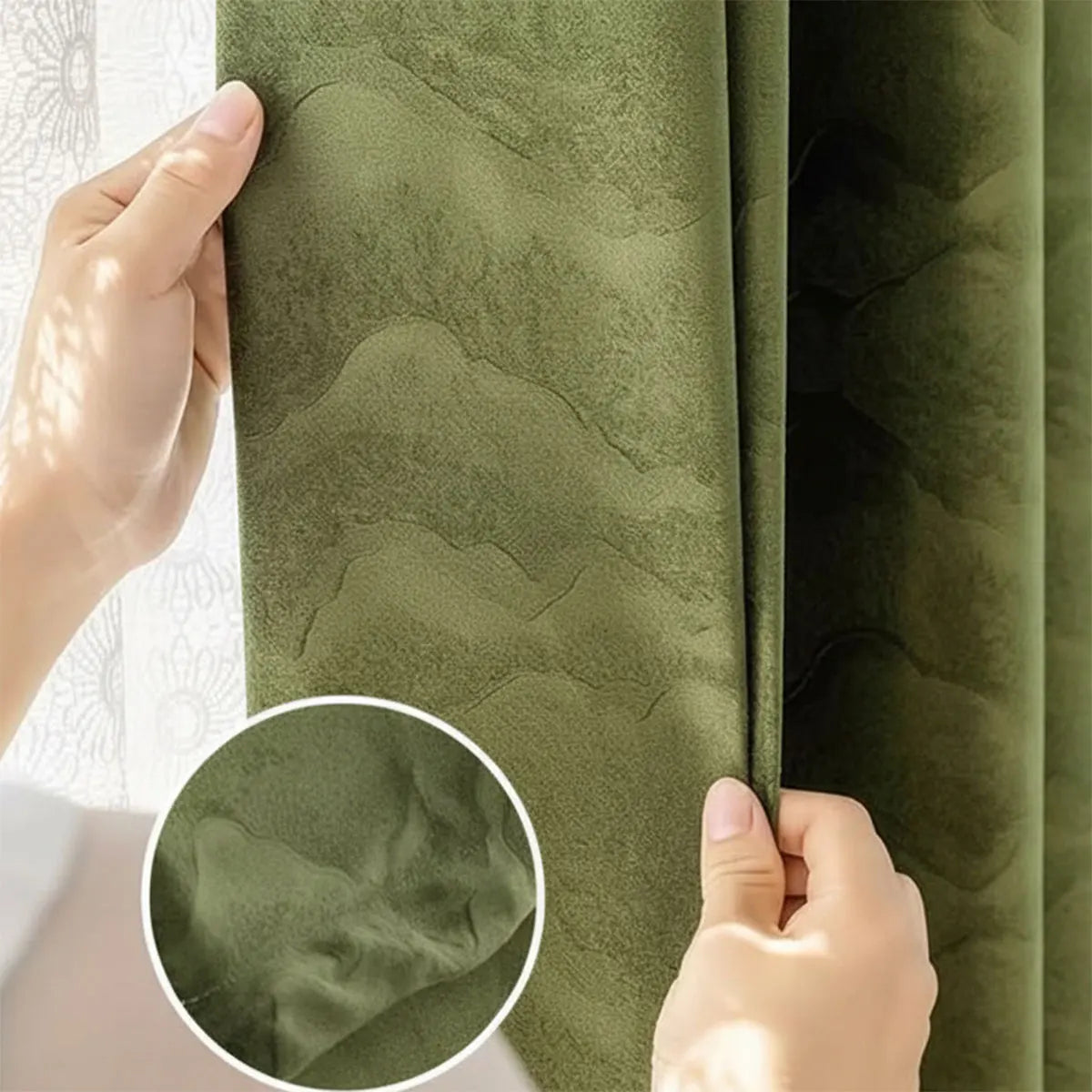 2 Panels Embossed Mountain Pattern Blackout Curtains, Olive Green Suede Texture Thermal Insulated Noise Reducing Window Drapes for Bedroom Living Room Home Decor