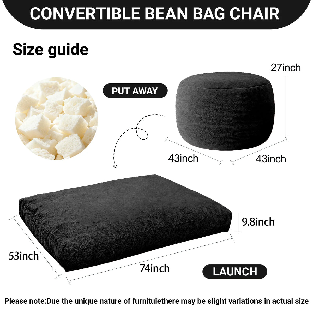3-in-1 Adult Single Bean Bag Chair Bed, Memory Foam Convertible Lounger, Folds to Floor Mattress, Soft Washable Faux Fur Cover