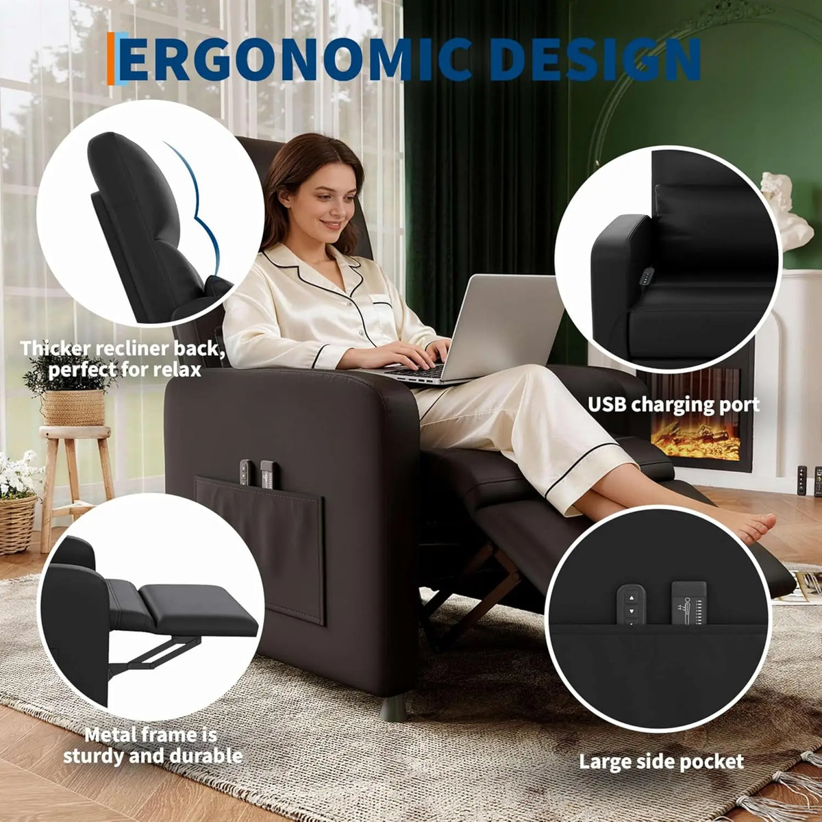 Power Recliner Electric Adjustable Recliner with Massage and Heat, Single-Seat Sofa, 2 Side Pockets and USB Port for Home