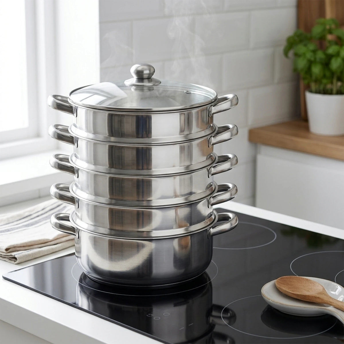 5-Tier Stainless Steel Steamer Multifunctional Steamer, 30cm High-Quality Steamer for Domestic or Commercial for Healthy Cooking