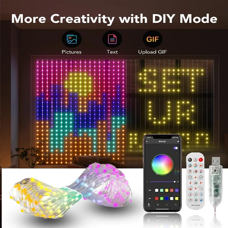 400LED Smart Curtain Lights APP Remote Control Custom Pattern DIY Window String Lights For Christmas Holiday Party Home Decor 2x2M/3x3M