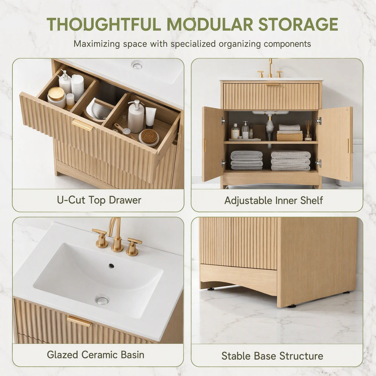 30 Inch Fluted Bathroom Vanity with Ceramic Sink, U‑Shaped Drawer & Adjustable U‑Shaped Shelf, CARB‑Certified Bathroom Storage Cabinet