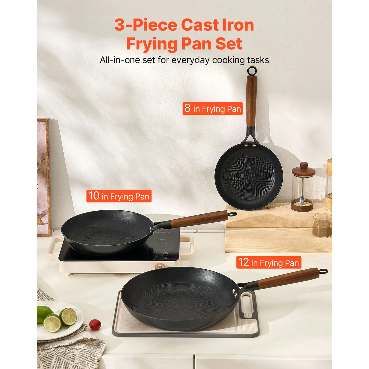 SucceBuy Cast Iron Skillet 3-Piece Frying Pan Set Nonstick Skillets with Wood Handle Kitchen Cookware for Gas Electrical Black