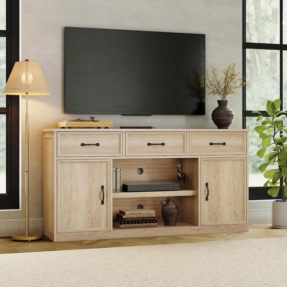 TV Stand For 65 Inch TV Farmhouse Television Cabinet With 3 Drawers 2 Doors Adjustable Shelves Storage And Open Shelves Wooden TV Console Media Cabinet