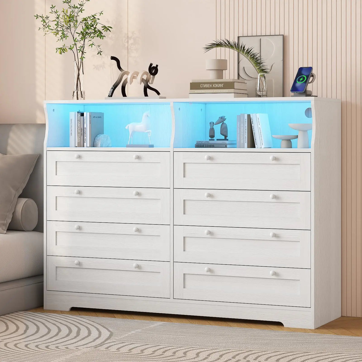 8 Drawer White Wood Dresser With LED Lights, Charging Station & Open Shelves, TV Stand For Bedroom, Living Room, Entryway