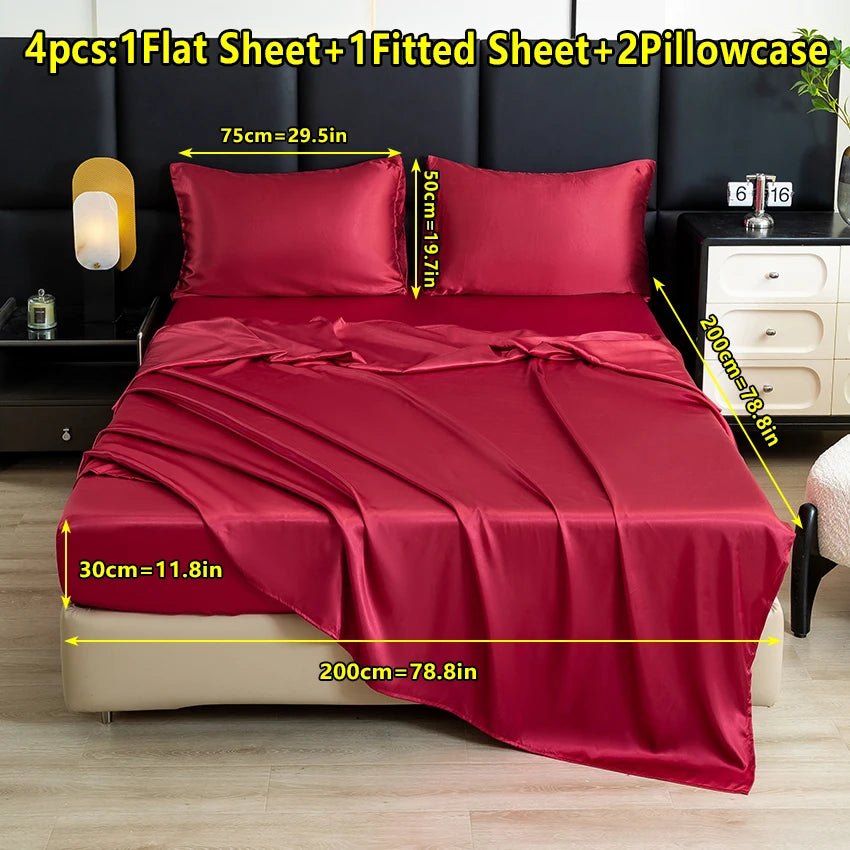 【Mother's Day Gift】4-Piece Set of Solid Color Satin Bed Sheet Set (1 Flat Sheet + 1 Fitted Sheet + 2 Pillowcases), Luxurious and Soft, with a Natural Luster, Skin-Friendly and Breathable Bedding
