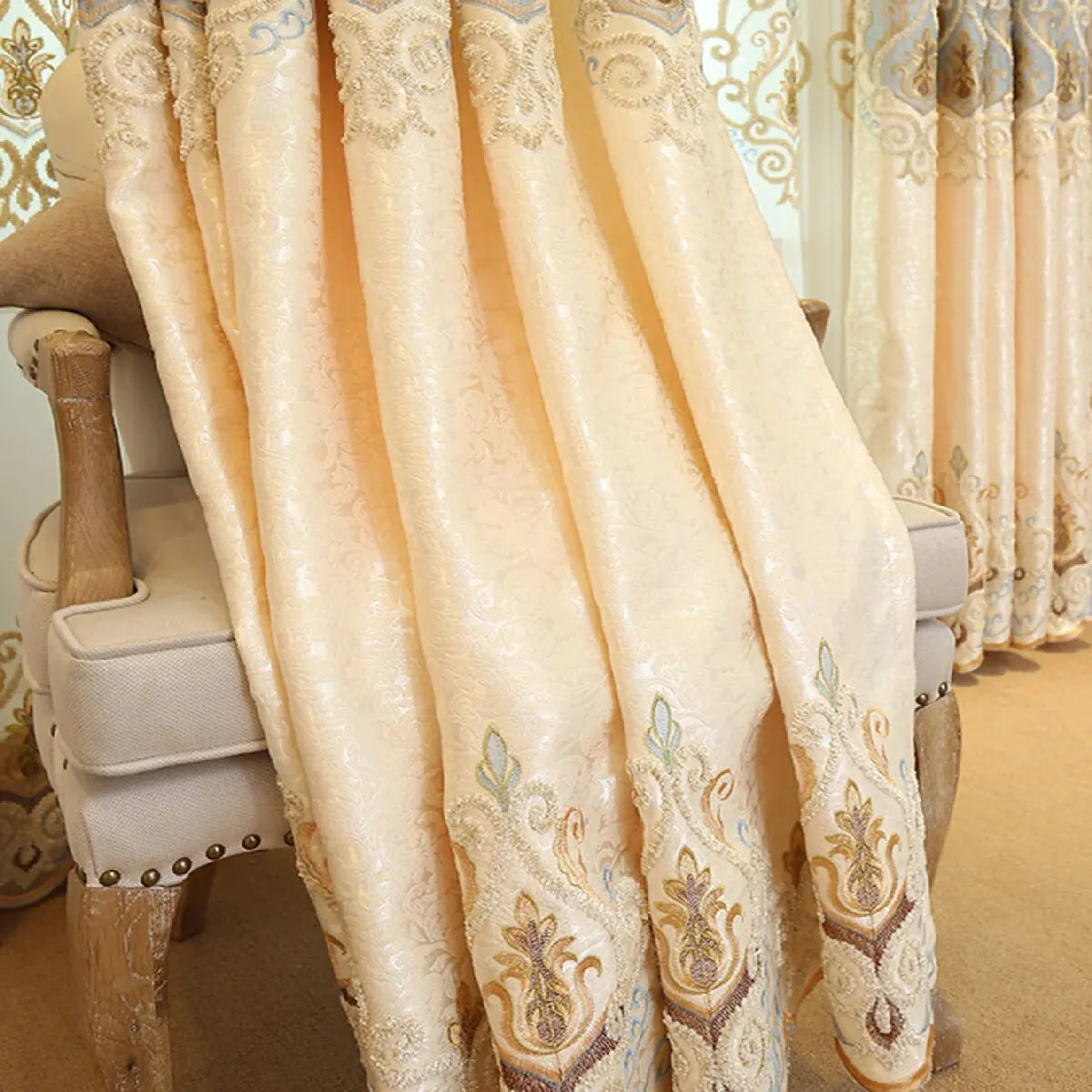 2 Panels Beige Embroidered Blackout Curtains, Vintage European Floral Jacquard Drapes, Grommet Top Privacy Thermal Window Curtains for Living Room Bedroom