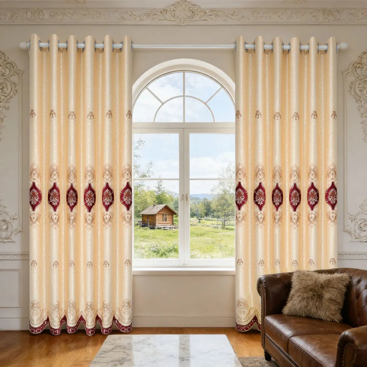 2 Panels European 3D Embroidered Blackout Curtains, Champagne Luxury Window Drapes, Grommet Top Ready Curtains for Living Room Bedroom Bay Window