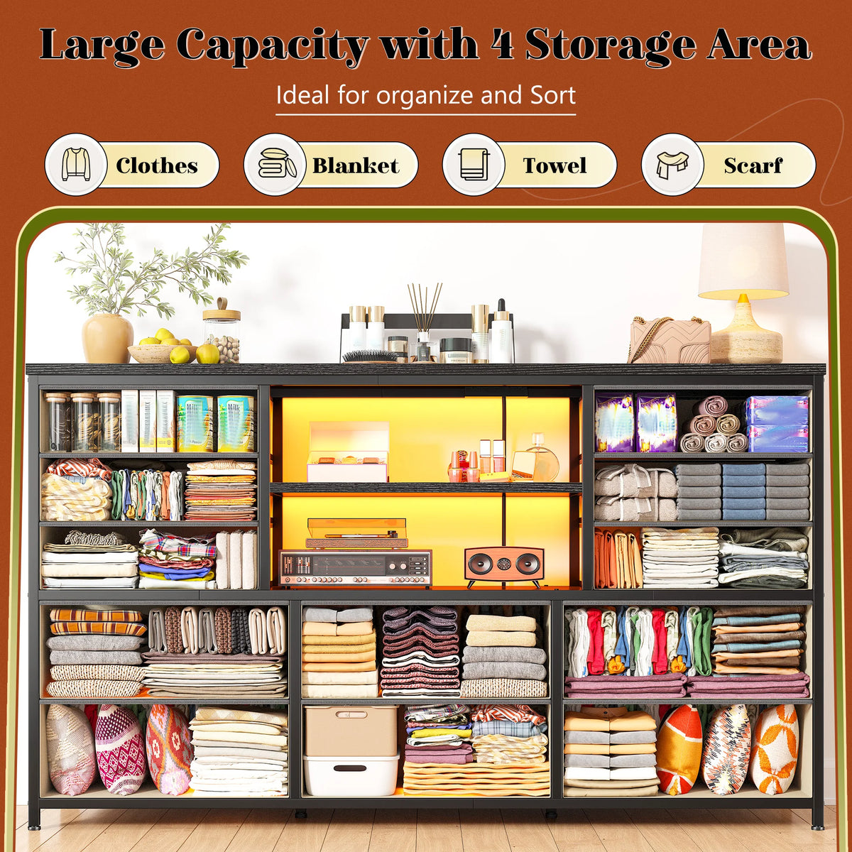 Dresser for Bedroom with LED Lights & Charging Station 12 Drawers TV Stand for 55-60 Inch TVs, Deep Fabric Storage Cabinet with 3 Wooden Shelves for Entertainment Center