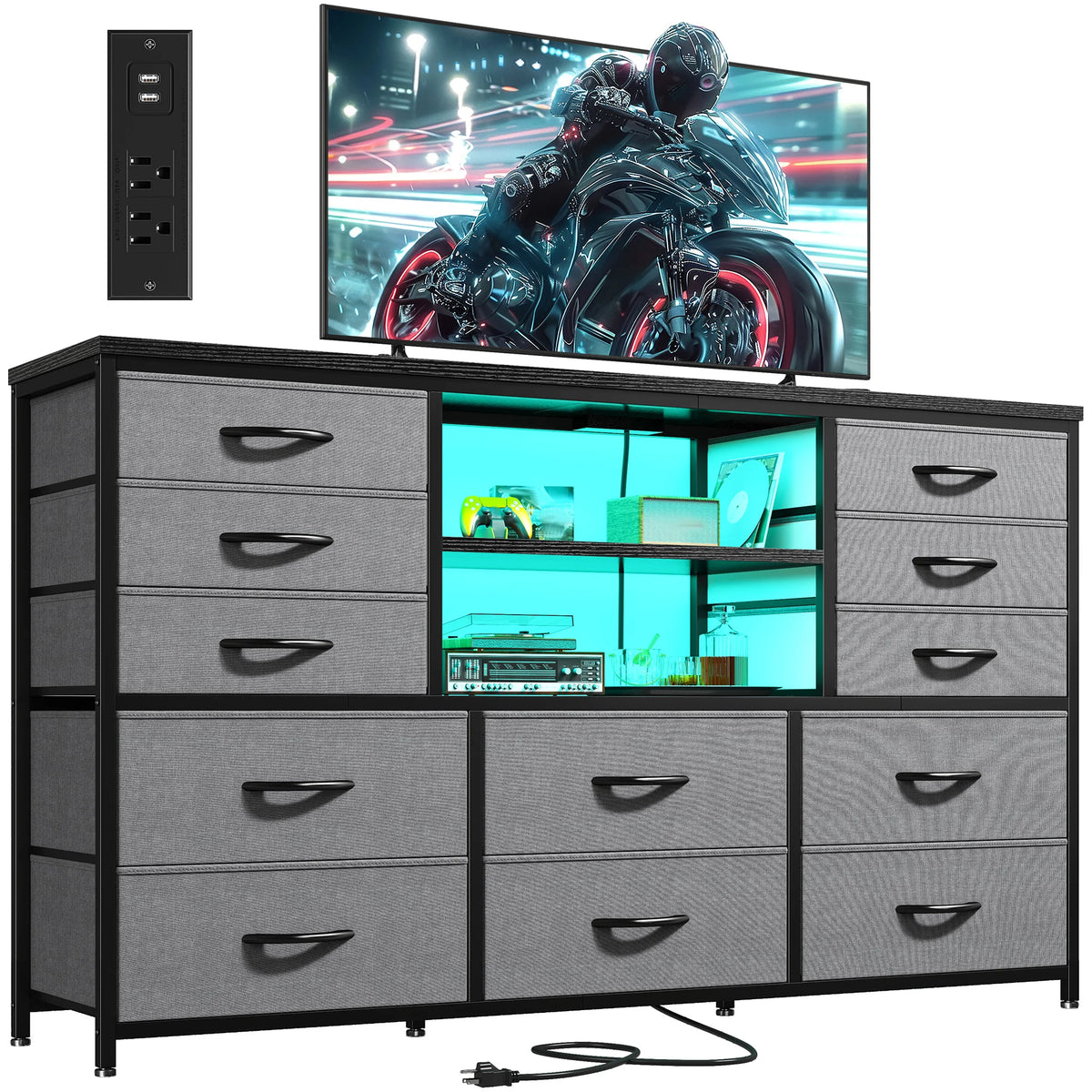 Dresser for Bedroom with LED Lights & Charging Station 12 Drawers TV Stand for 55-60 Inch TVs, Deep Fabric Storage Cabinet with 3 Wooden Shelves for Entertainment Center