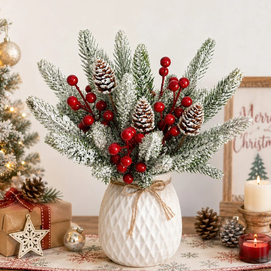 20PC Christmas Artificial Cedar Branches Red Berry Stems Pine Cone Picks Snowy Winter Greenery for Vase Wreath Garland DIY Decor
