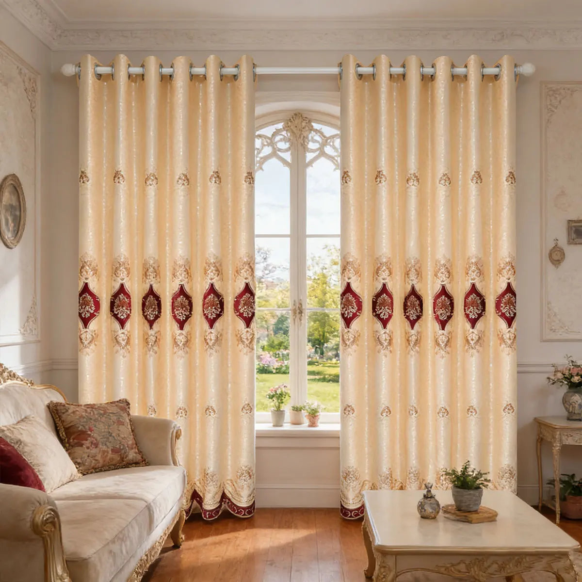 2 Panels European 3D Embroidered Blackout Curtains, Champagne Luxury Window Drapes, Grommet Top Ready Curtains for Living Room Bedroom Bay Window